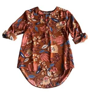Daniel Rainn Floral Roll‎ Tab Sleeve Blouse Top Size Petite Small Brown Rust